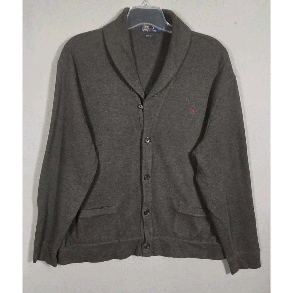 Polo Ralph Lauren Cardigan Sweater Mens XXL Charcoal Gray Shawl Collar Pockets